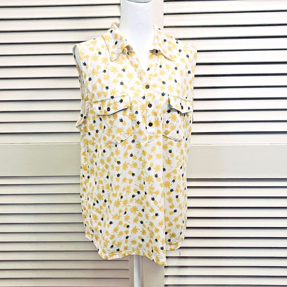 Emily Daniels Womens XL Pineapples Print Yellow White Sleeveless Summer Top